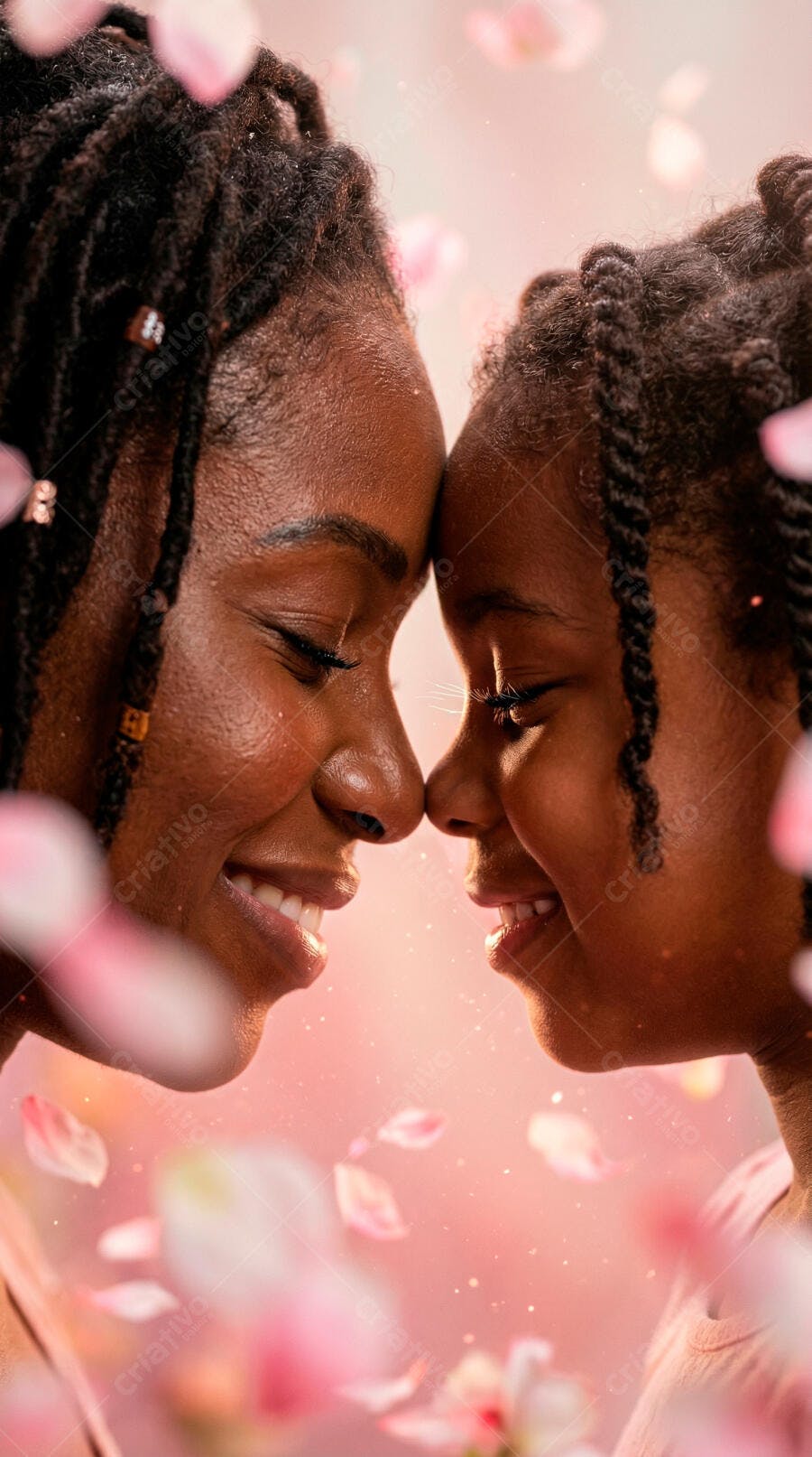 Foto Mãe e Filha Negra Sorrindo Dia das Mães Pétalas Rosas