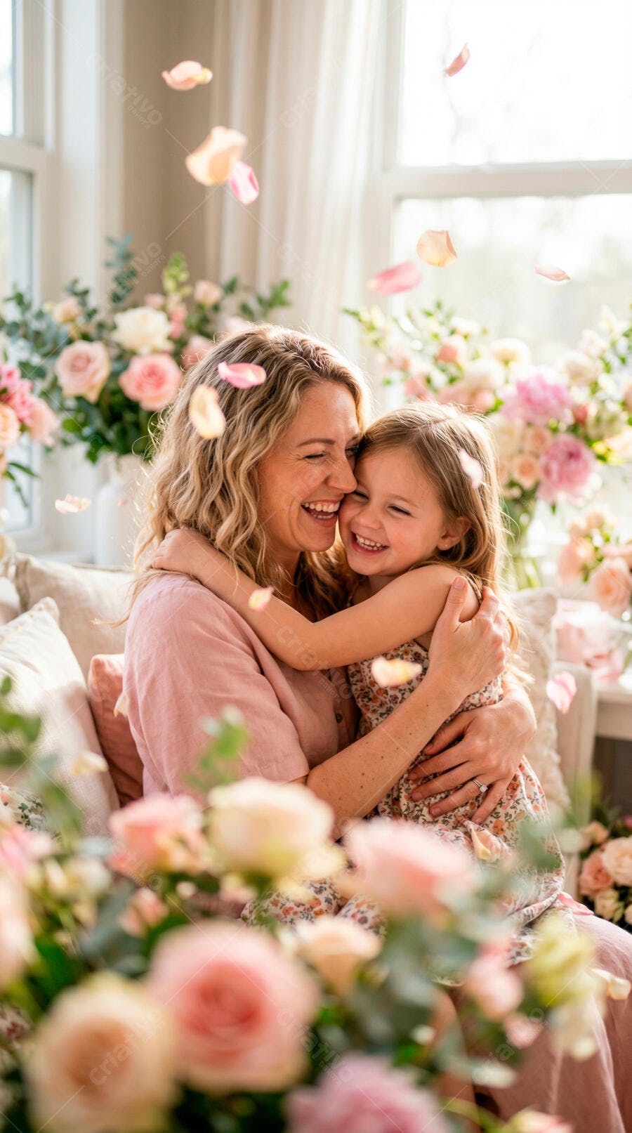 Foto Mãe e Filha Abraçadas Felizes Pétalas de Rosas Flutuando