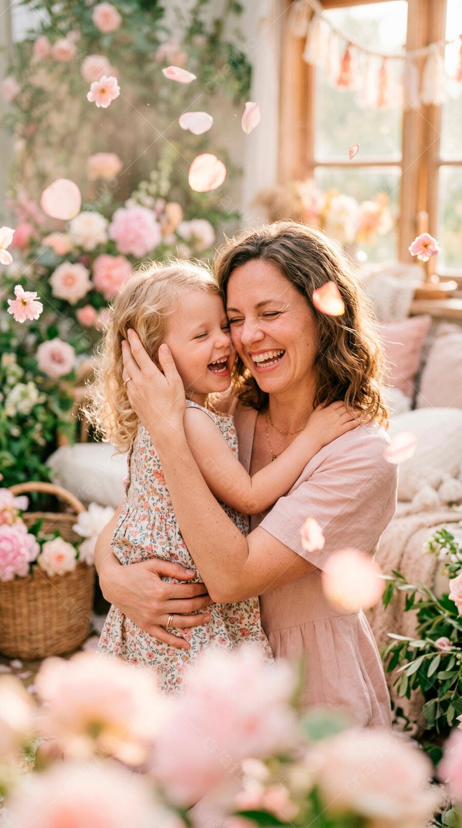 Foto Mãe e Filha Abraçadas Sorrindo Flores Rosas Primaveril