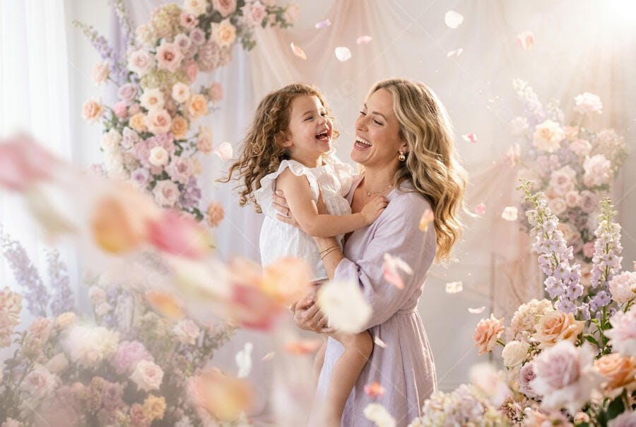 Foto Dia das Mães Mulher e Filha Sorrindo Flores Rosas