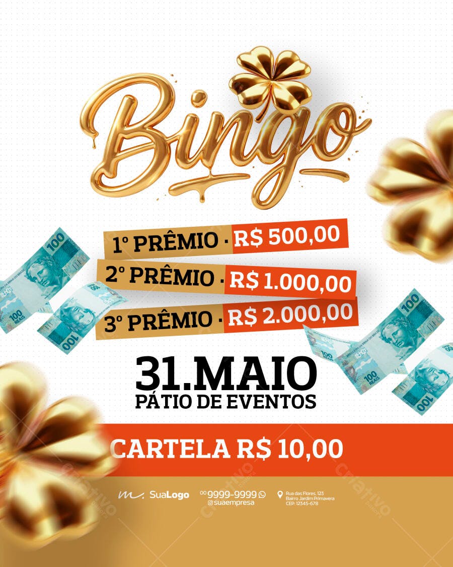Flyer Bingo Maiores Prêmios 31 de Maio PSD Editável