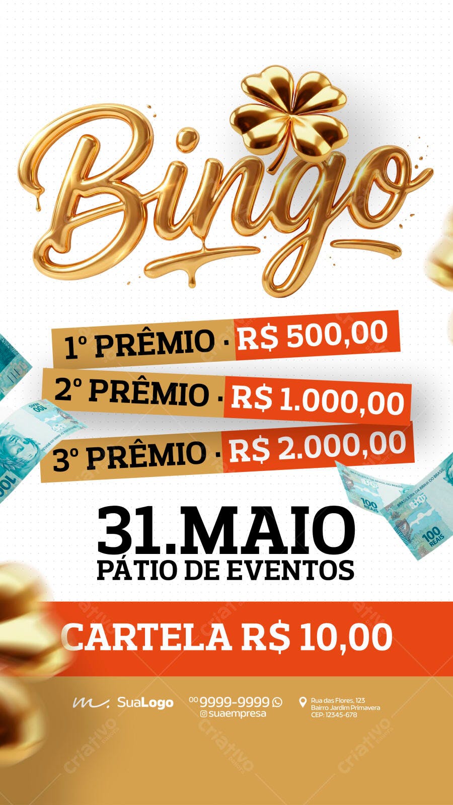 Flyer Bingo Prêmios em Dinheiro 31 de Maio PSD Editável