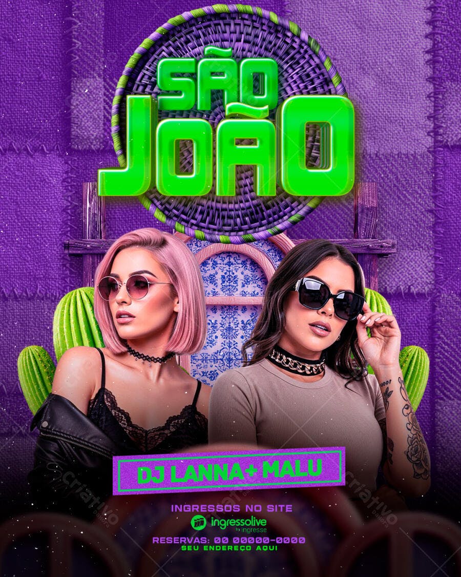 Flyer São João Festa Junina Roxo Verde PSD Editável
