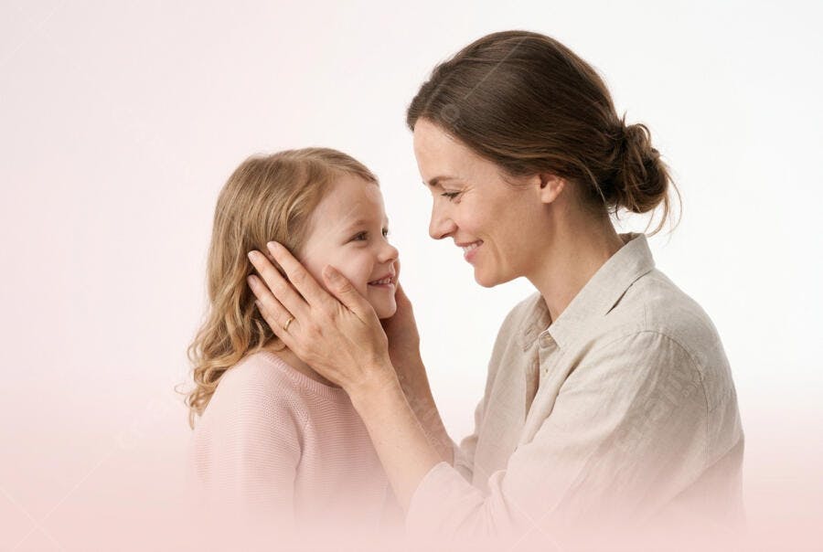 Foto Mãe e Filha Sorrindo Carinho Fundo Rosa Claro