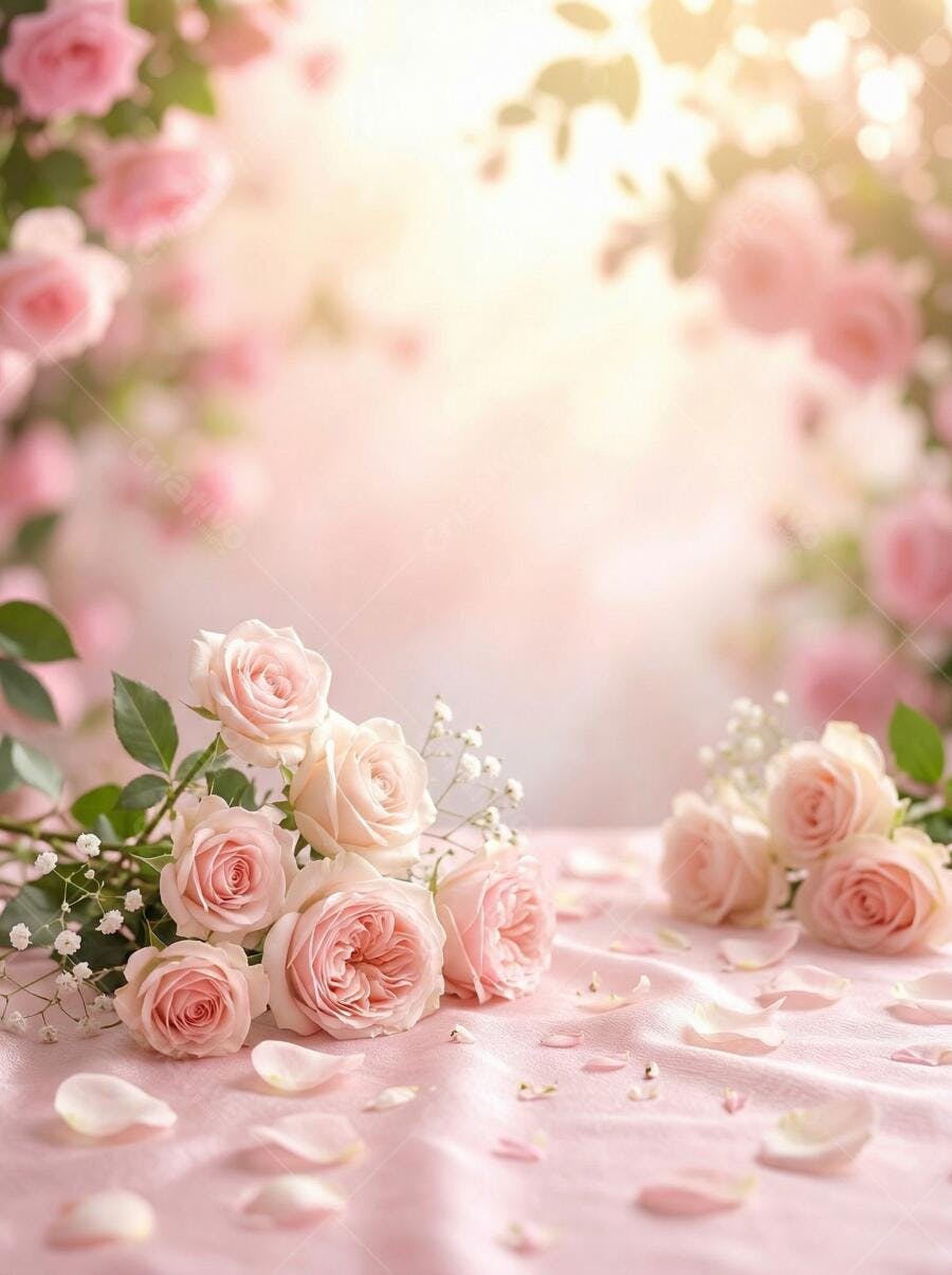 Textura Tecido Rosa Claro com Rosas para Fundo Romântico