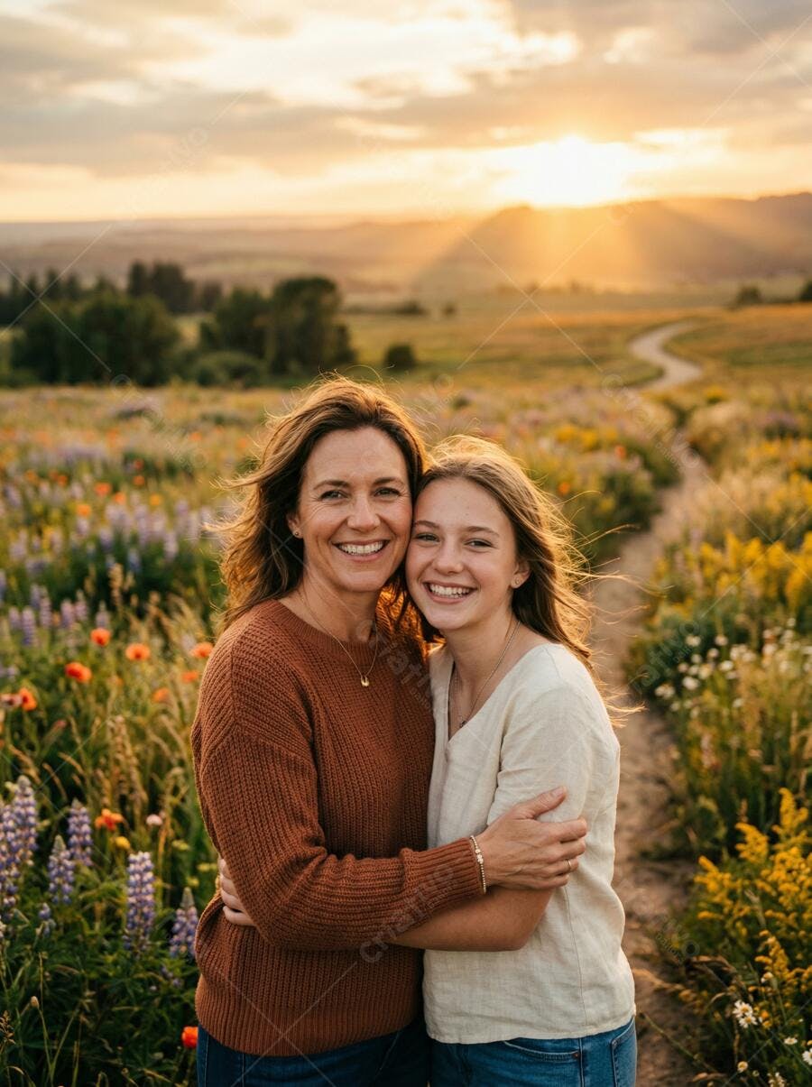 Foto Mãe e Filha Sorrindo Abraçadas Campo Flores Pôr do Sol