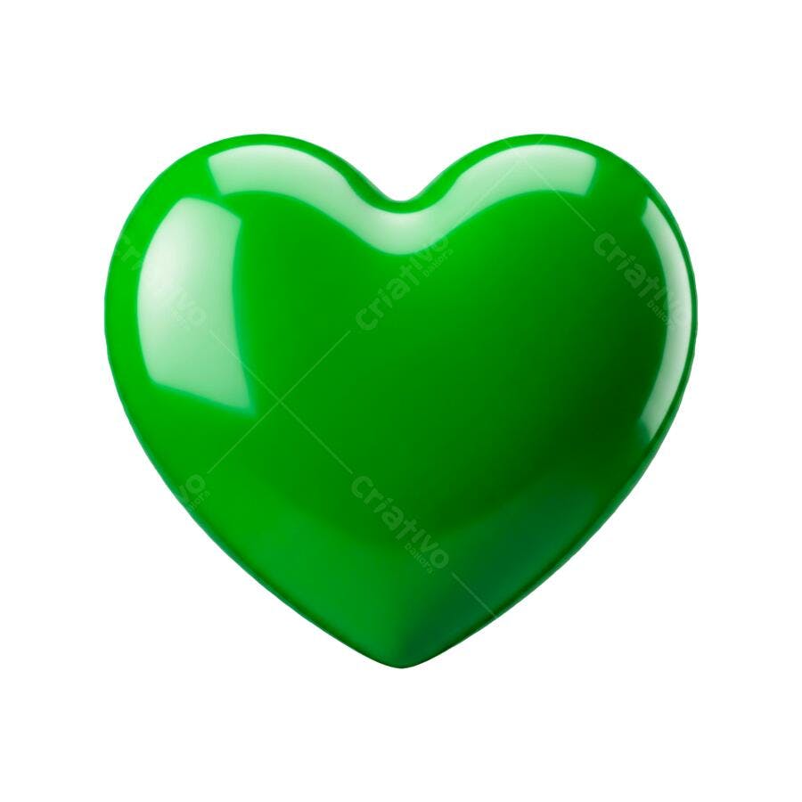 Coração 3D Verde Brilhante PNG Fundo Transparente