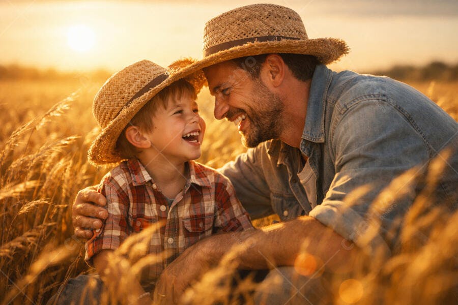Foto Pai e Filho Sorrindo Campo de Trigo Pôr do Sol Dourado