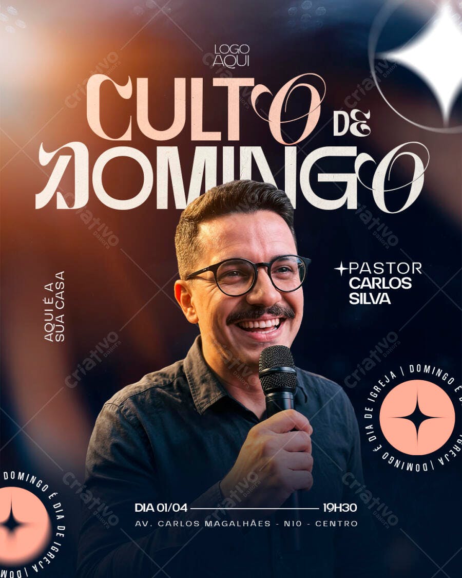Post Instagram Culto de Domingo Igreja PSD Editável