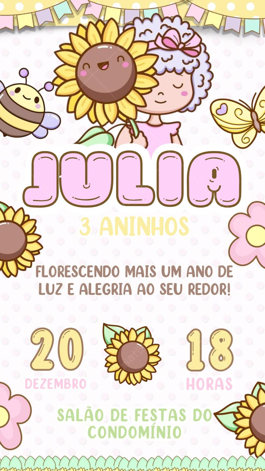 Convite Aniversário Infantil Girassol Abelha 3 Anos Editável