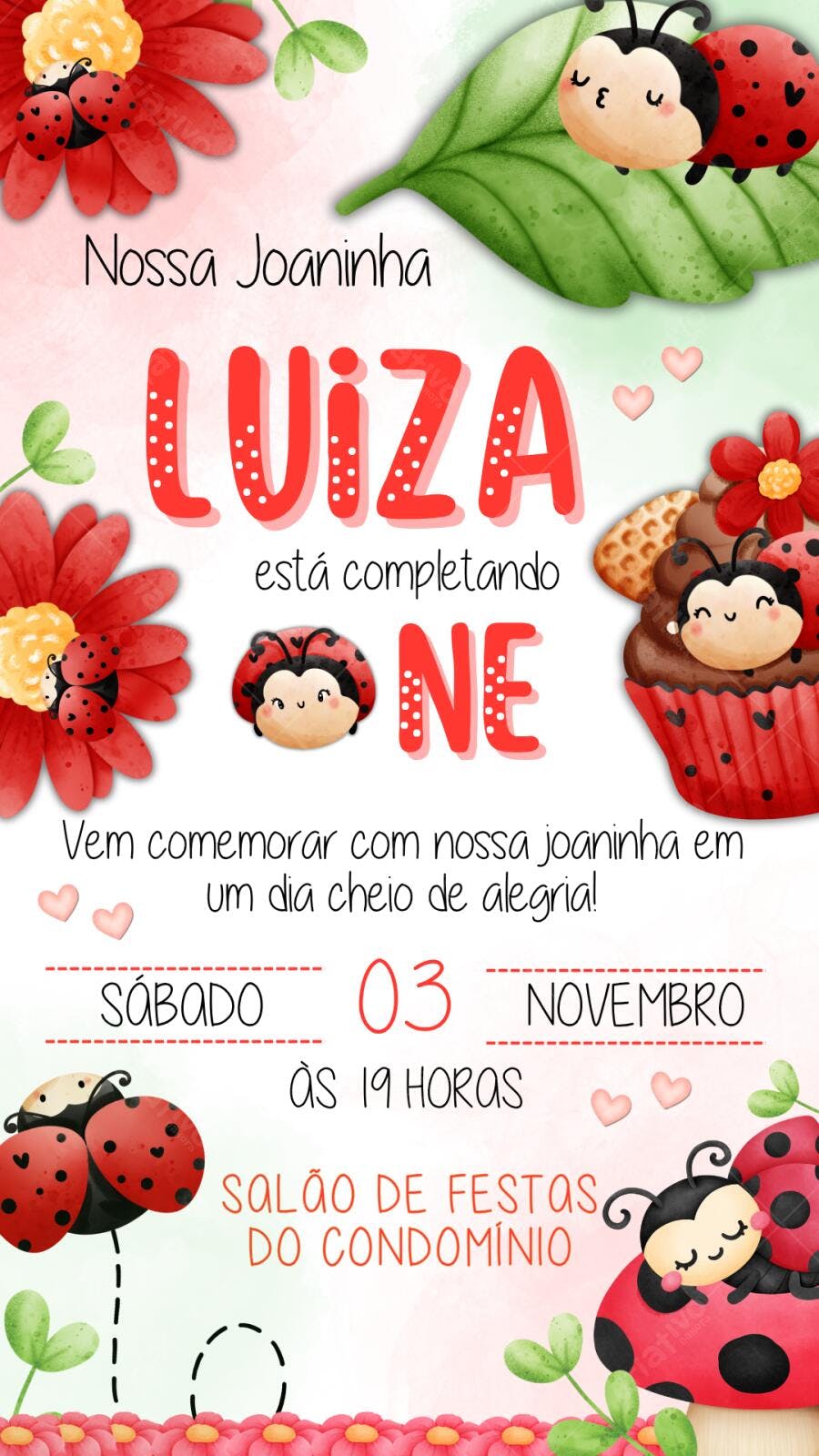 Convite Aniversário Infantil Joaninha 1 Ano Editável