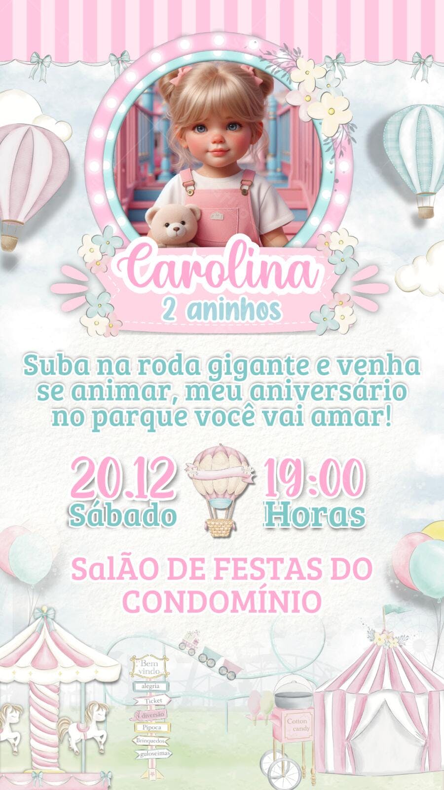 Convite Aniversário Infantil Parque de Diversões 2 Anos Editável