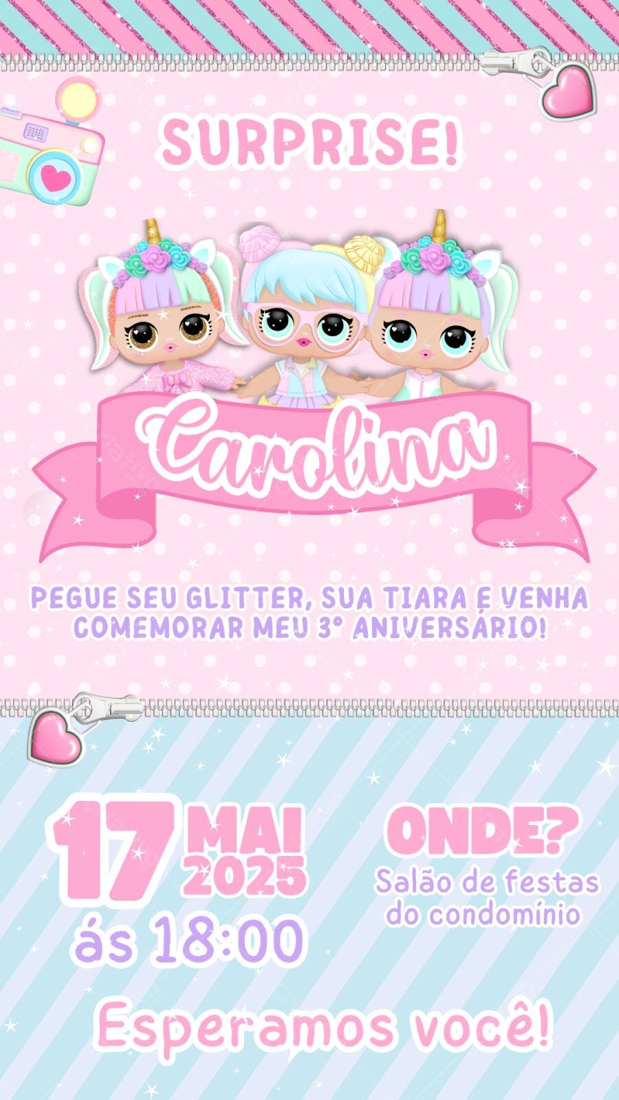 Convite Aniversário LOL Surprise 3 Anos Editável Digital