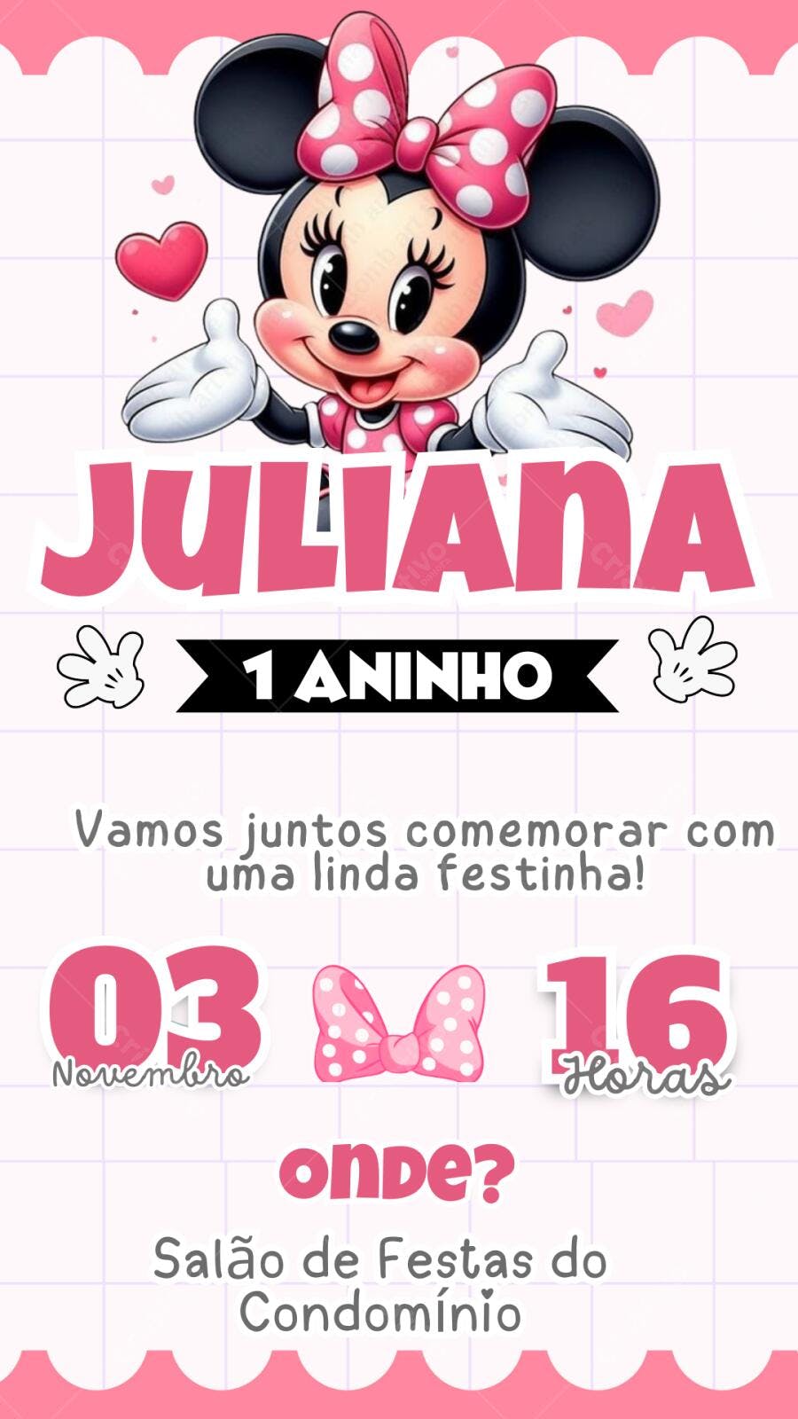 Convite Aniversário Minnie Rosa 1 Aninho Editável