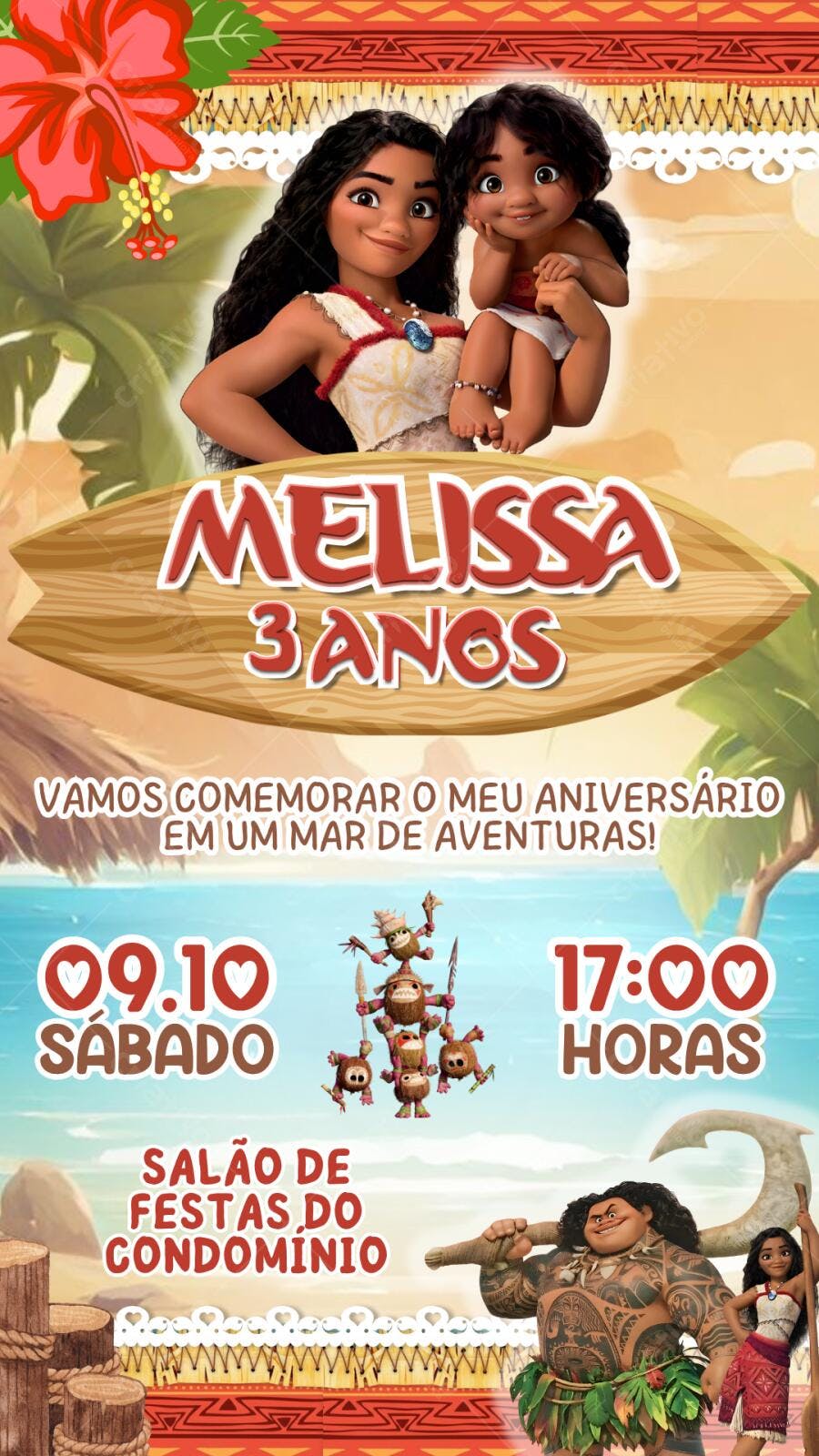 Convite Aniversário Moana 3 Anos Editável Digital