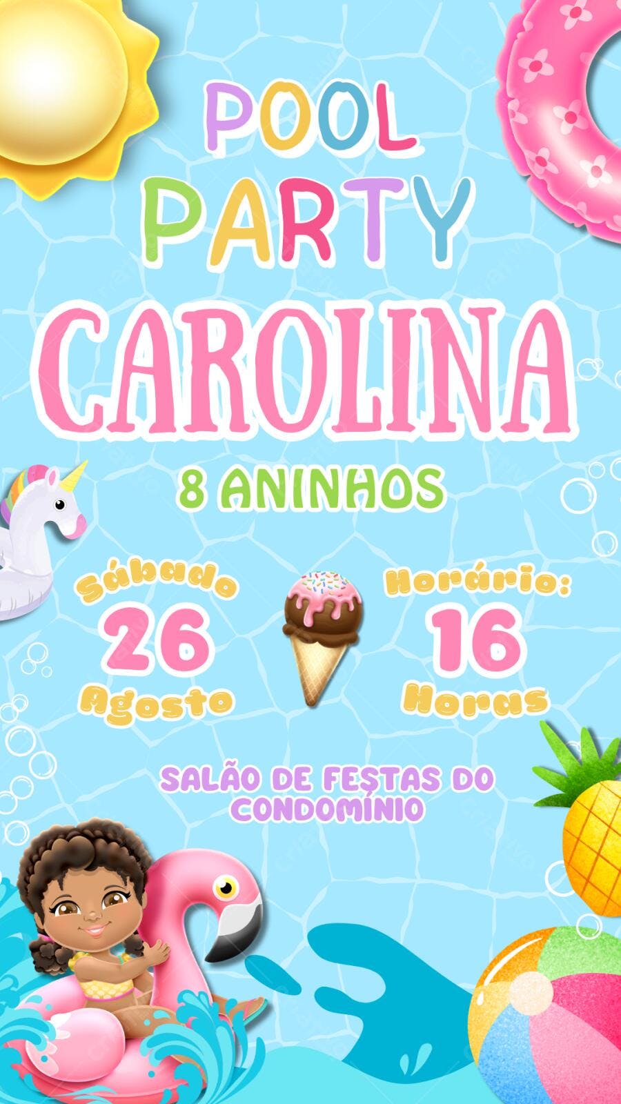 Convite Aniversário Pool Party Infantil 8 Anos Editável