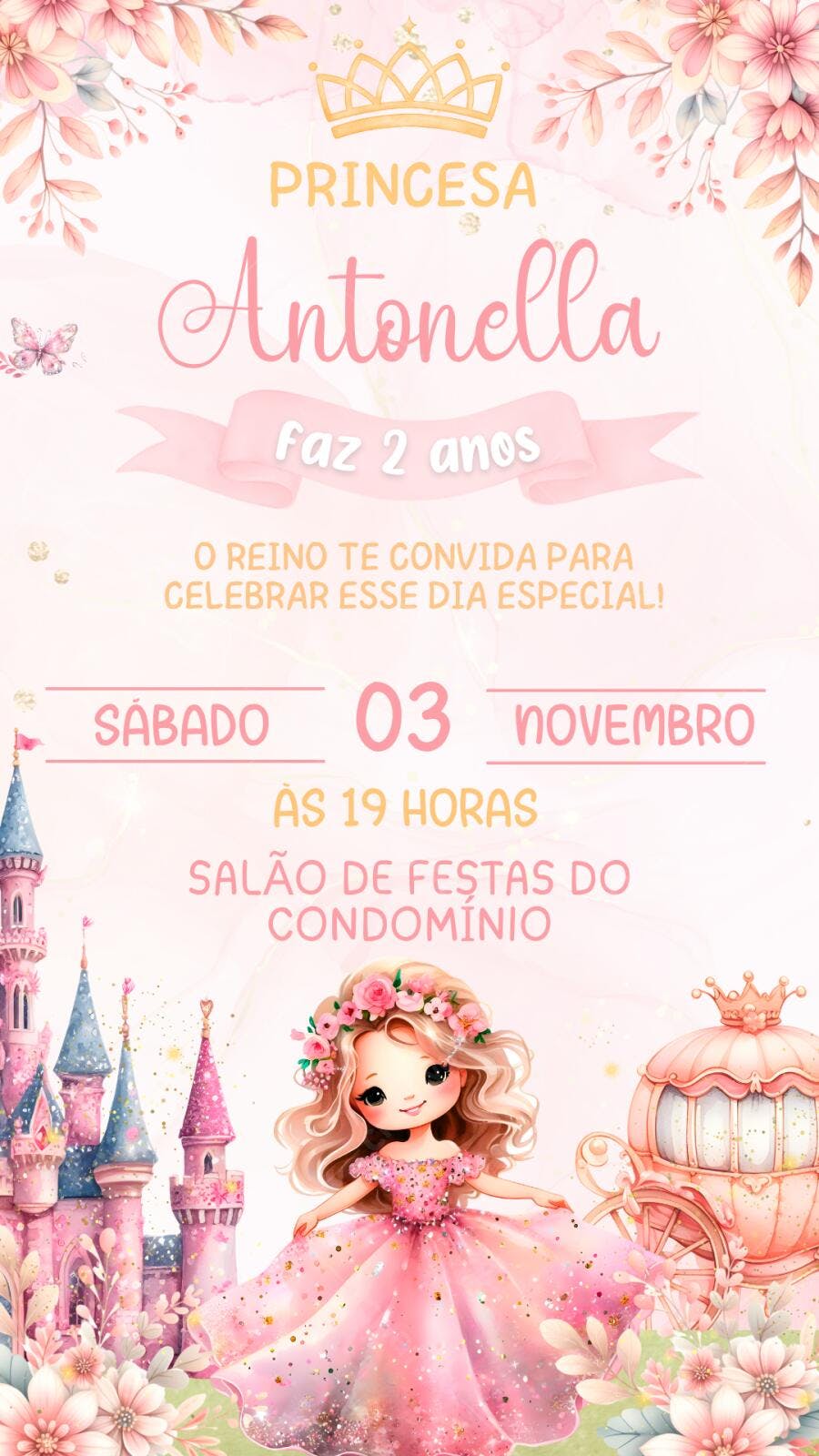 Convite Aniversário Princesa Castelo Rosa 2 Anos Editável