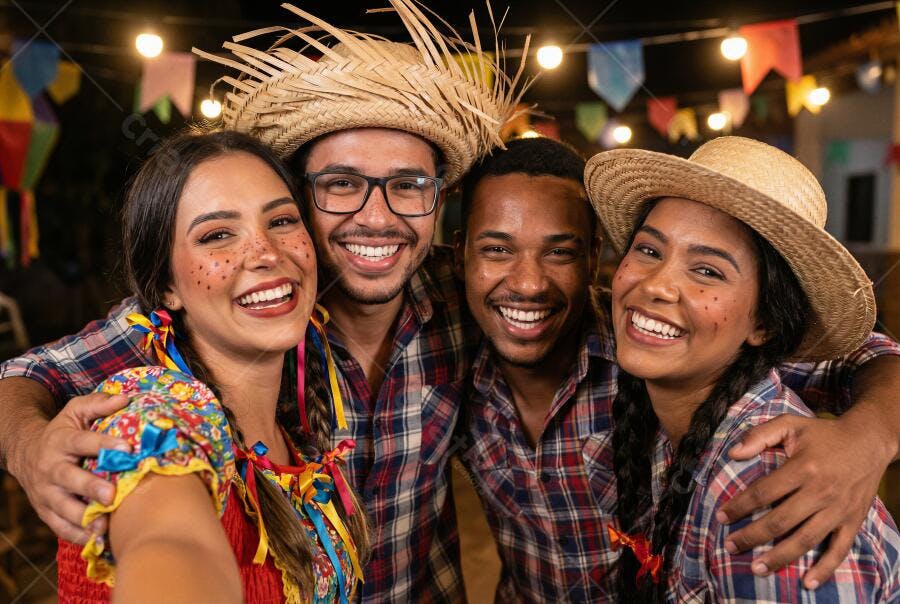 Foto Amigos Celebrando Festa Junina Sorrindo Chapéu de Palha