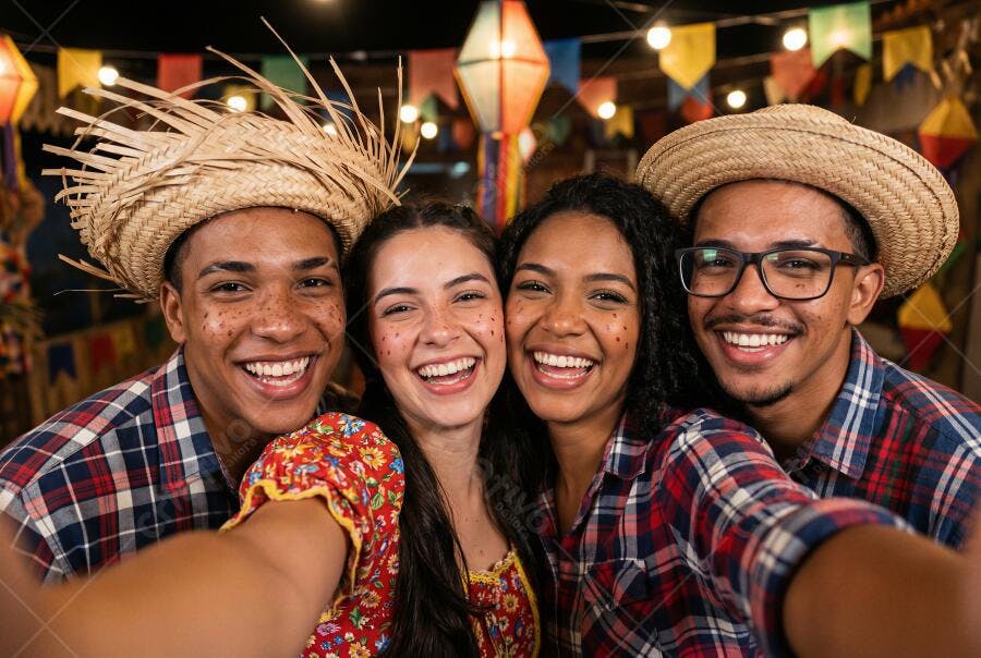 Foto Amigos Jovens Sorrindo Festa Junina Arraial Selfie