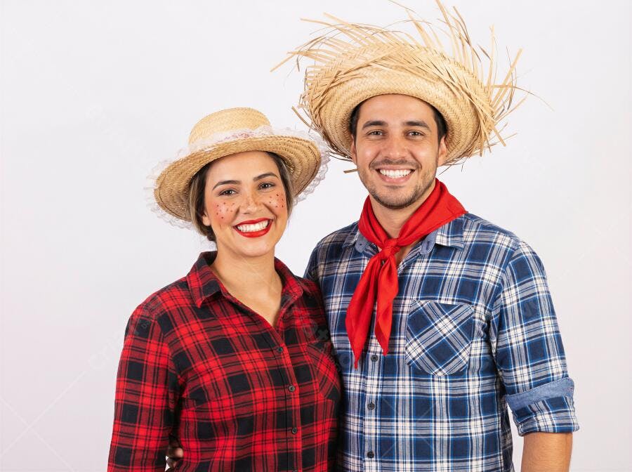 Foto Casal Festa Junina Sorrindo Chapéu de Palha Caipira