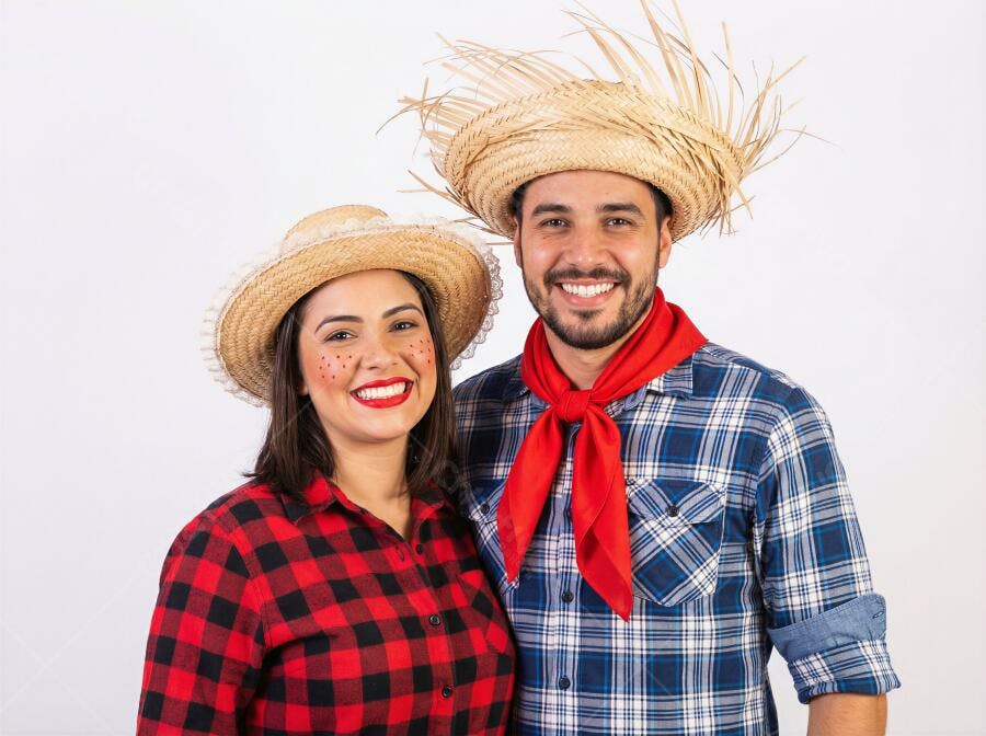 Foto Casal Sorrindo Festa Junina Chapéu de Palha