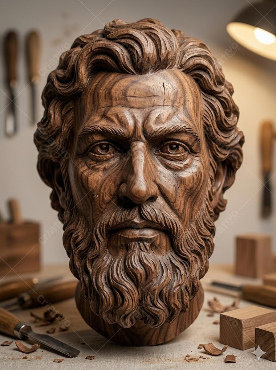 Foto Escultura de Madeira Rosto Homem Barba Entalhe Artesanal