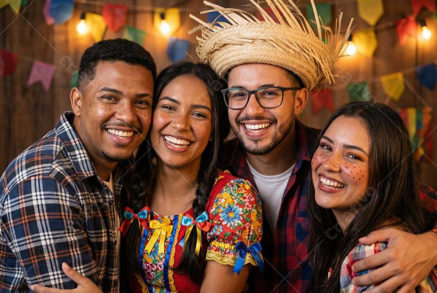 Foto Grupo Pessoas Sorrindo Festa Junina Arraial Amigos