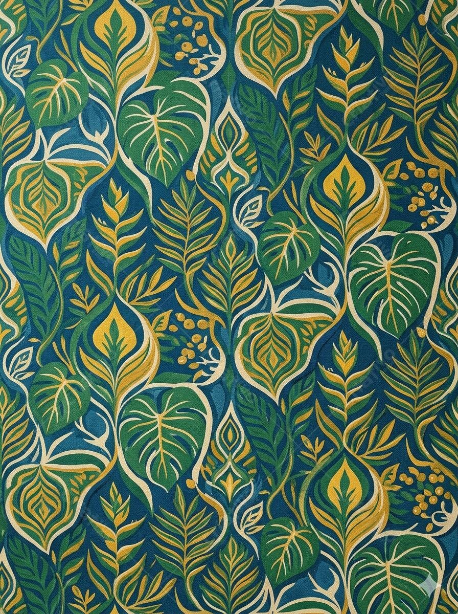 Padrão Folhas Tropicais Fundo Azul Escuro Estilo Art Nouveau
