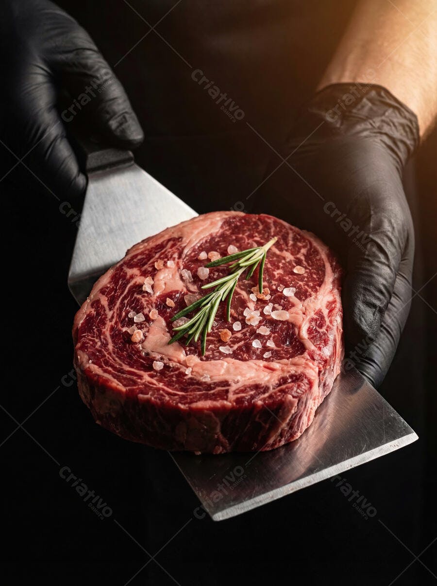 Foto Carne Crua com Sal Grosso e Alecrim em Preparo