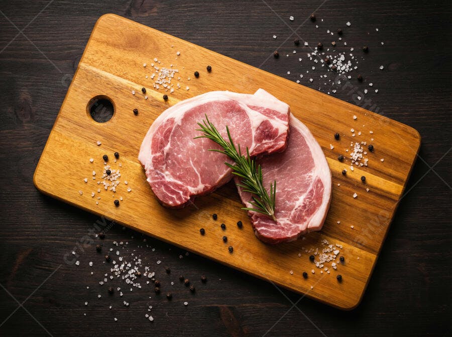Foto Cortes de Carne de Porco Fresca em Tábua de Madeira com Alecrim
