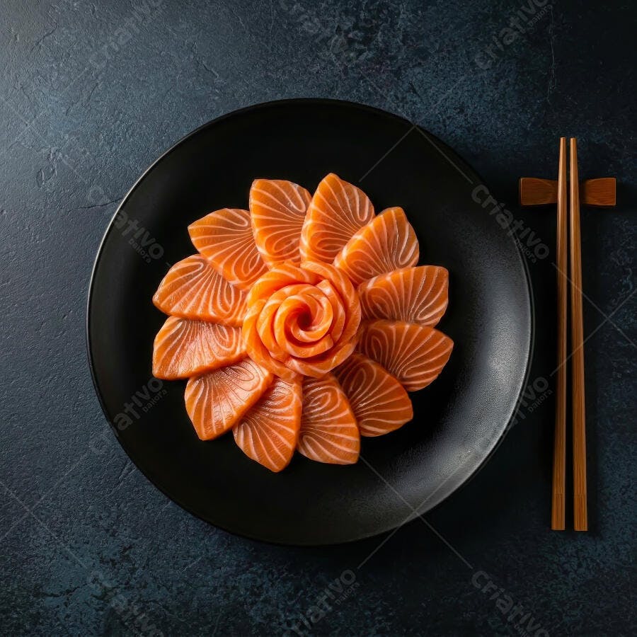 Foto Salmão Sashimi Flor Elegante em Prato Preto