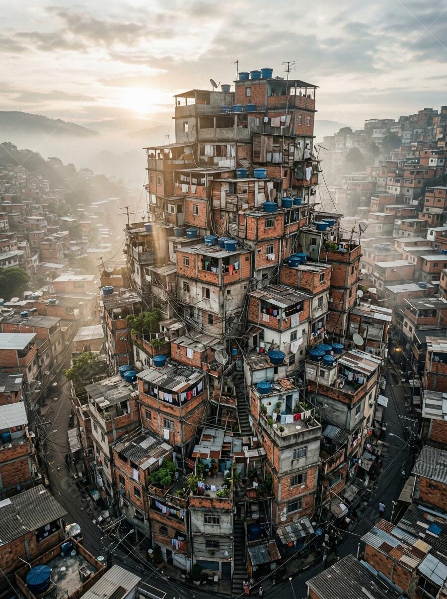 Foto Aérea Favela Carioca Prédios Empilhados ao Amanhecer
