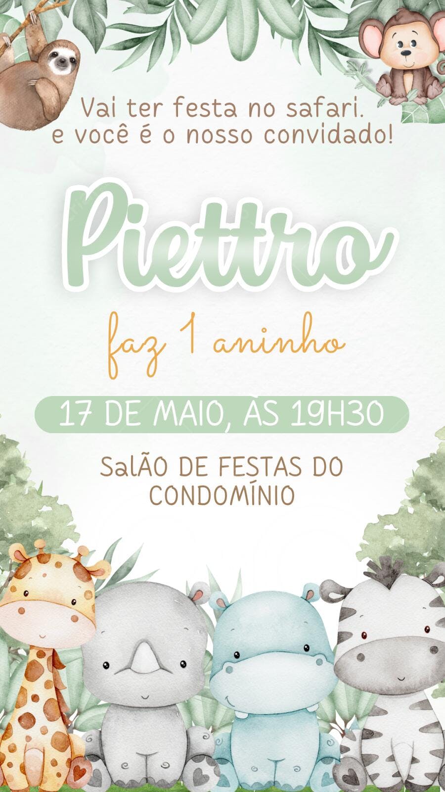 Convite Aniversário Infantil Safari Aquarela 1 Aninho Editável