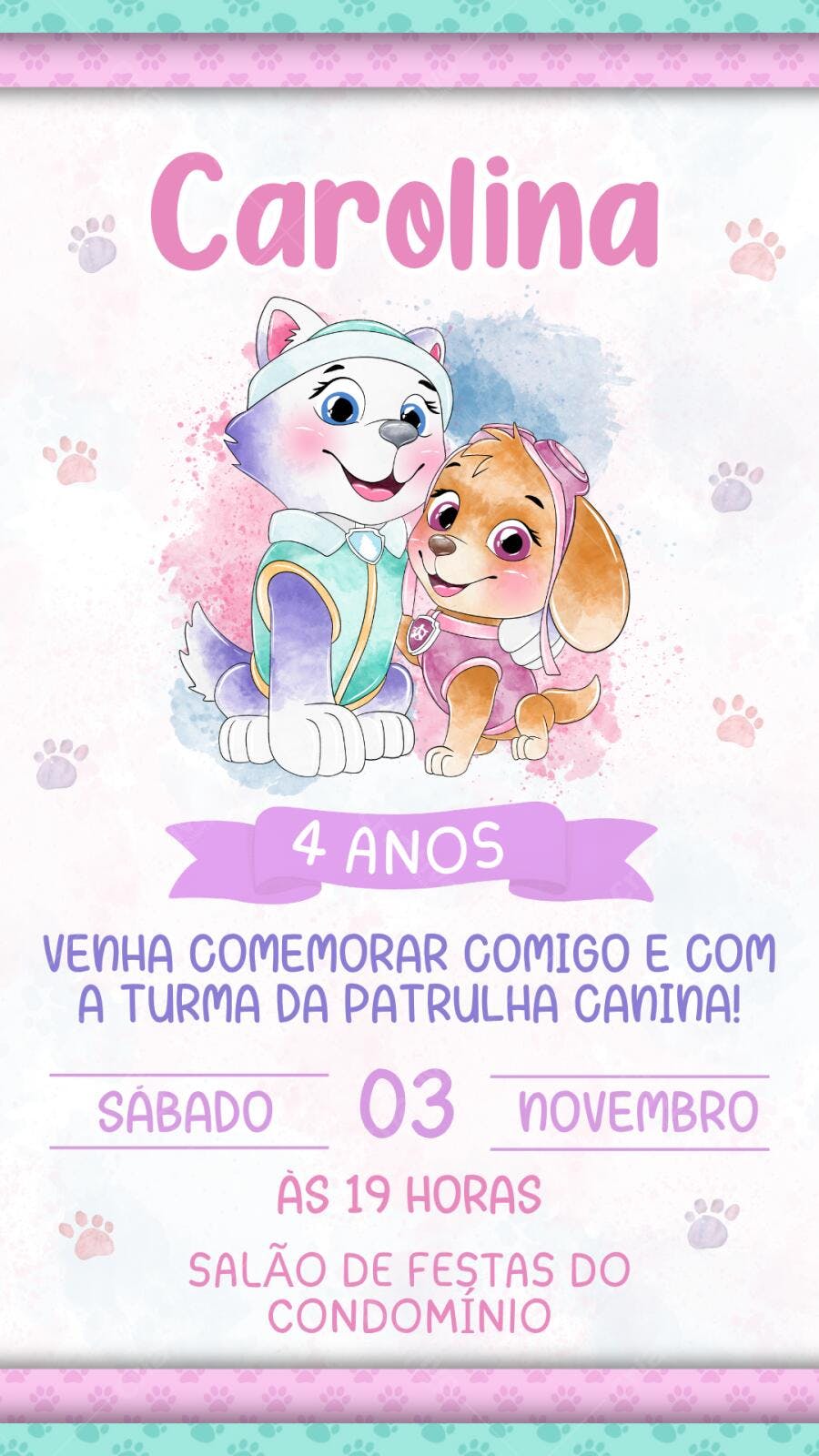 Convite Aniversário Patrulha Canina Skye Everest 4 Anos Editável
