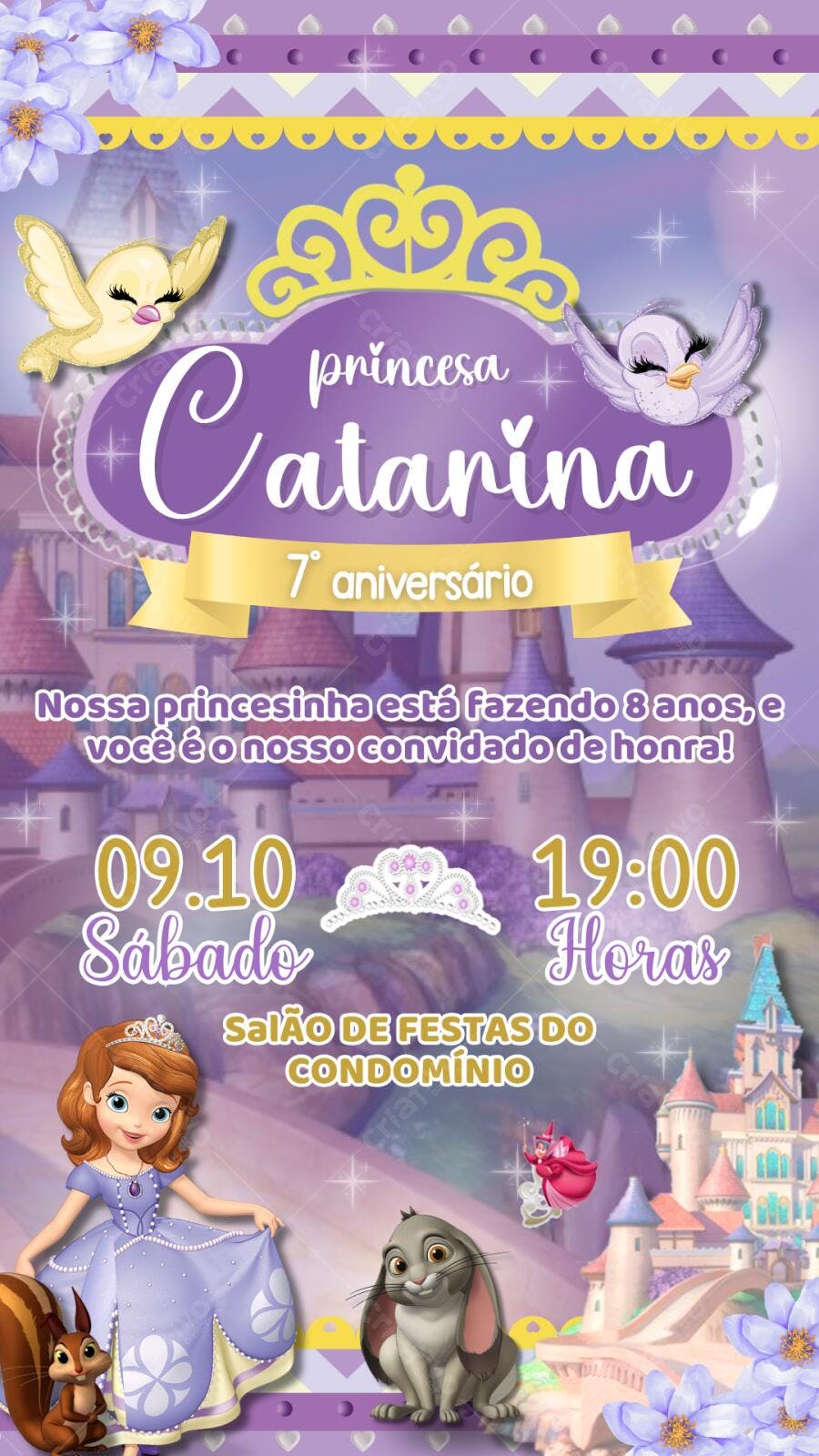 Convite Aniversário Princesa Sofia 8 Anos Editável