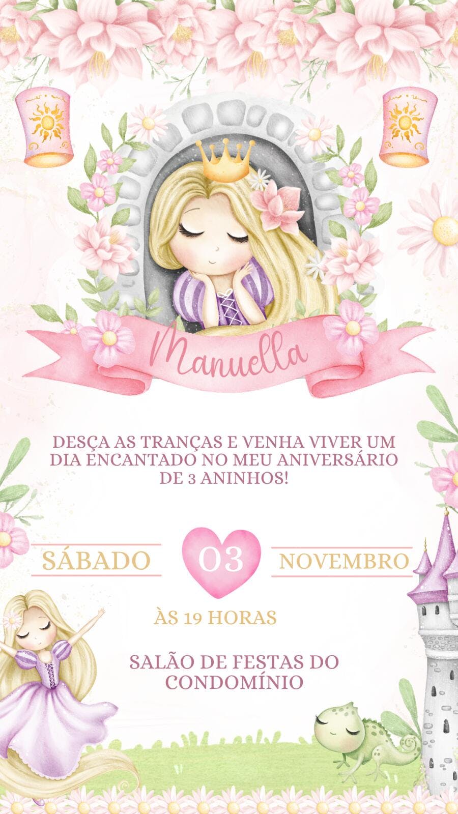 Convite Aniversário Rapunzel 3 Anos Editável Princesa