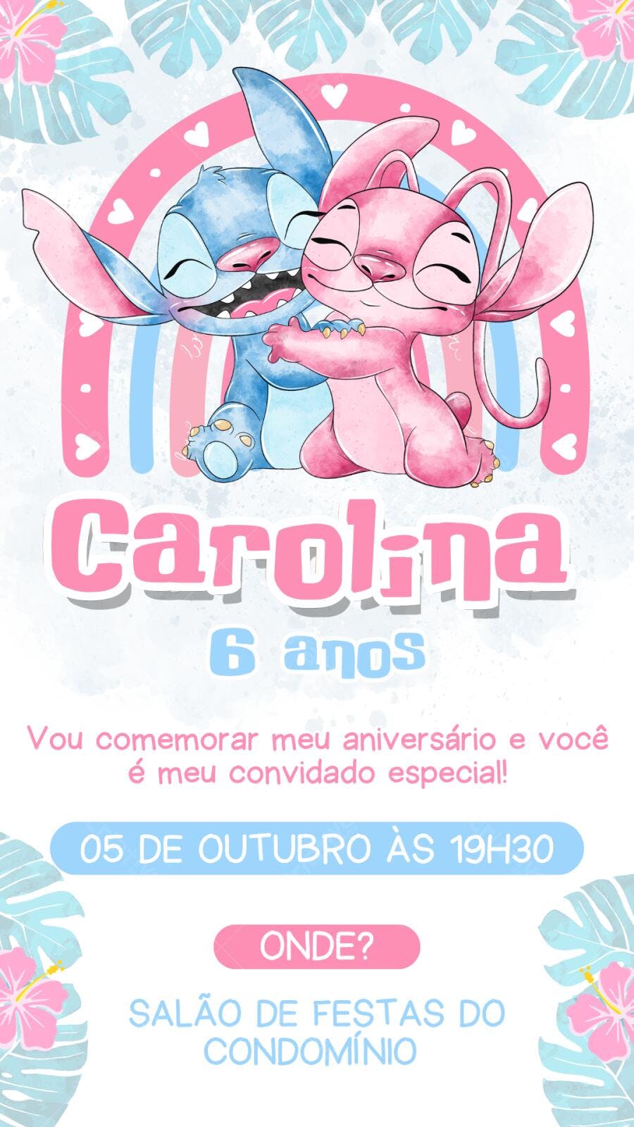 Convite Aniversário Stitch e Angel 6 Anos Editável