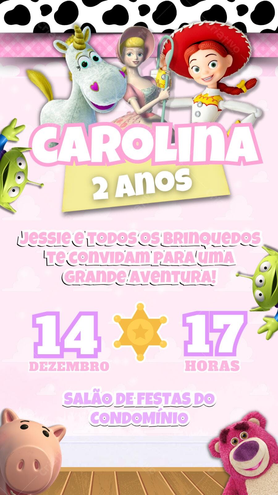Convite Aniversário Toy Story 2 Anos Rosa Editável