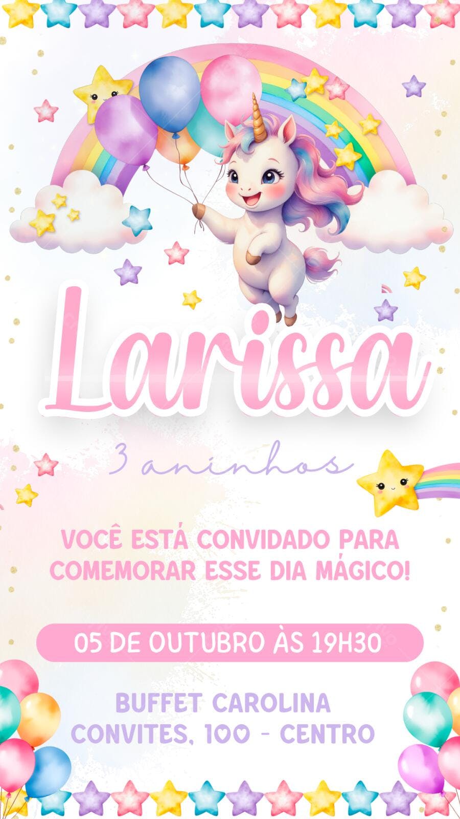 Convite Aniversário Unicórnio 3 Anos Arco-Íris Editável