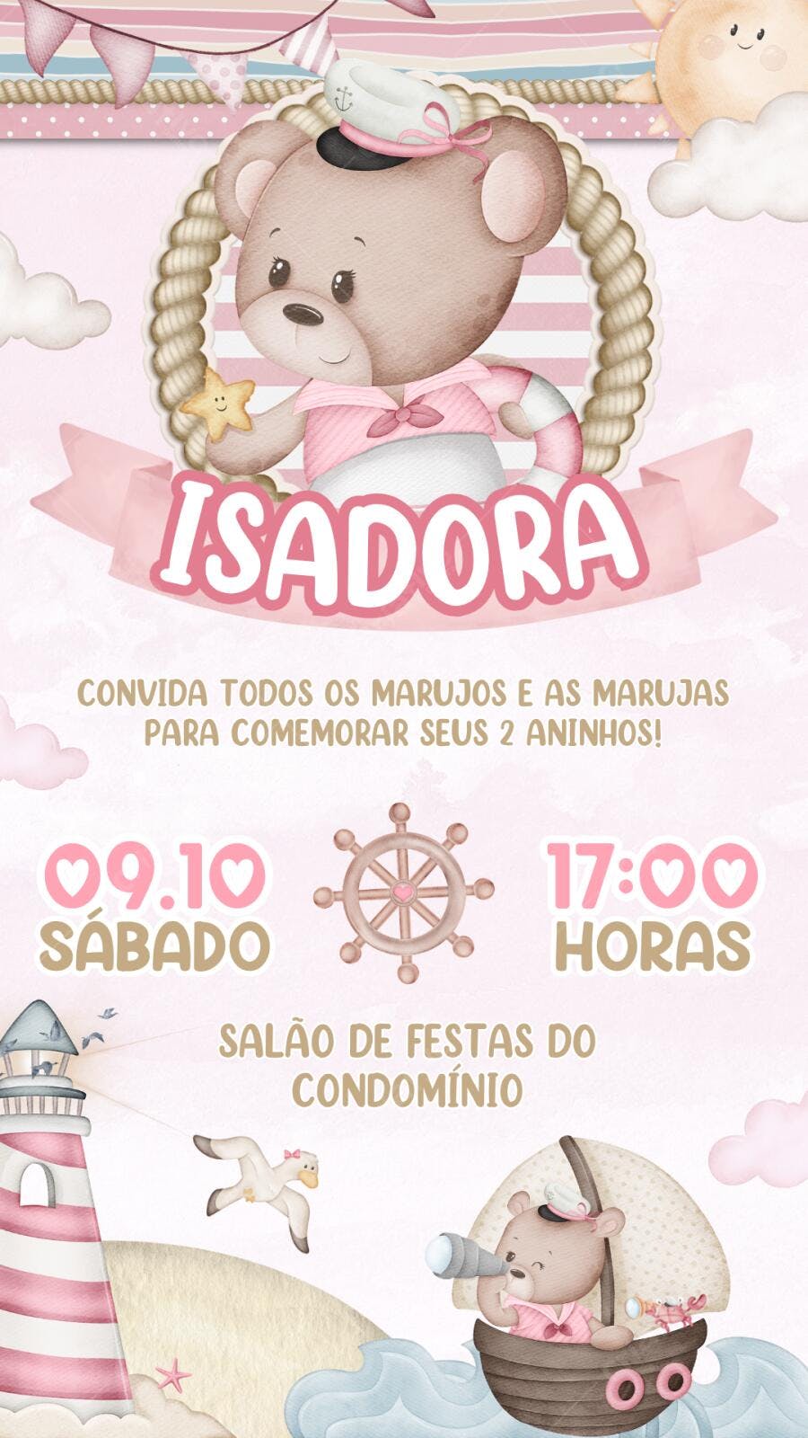 Convite Aniversário Ursinha Marinheira Rosa 2 Anos Editável