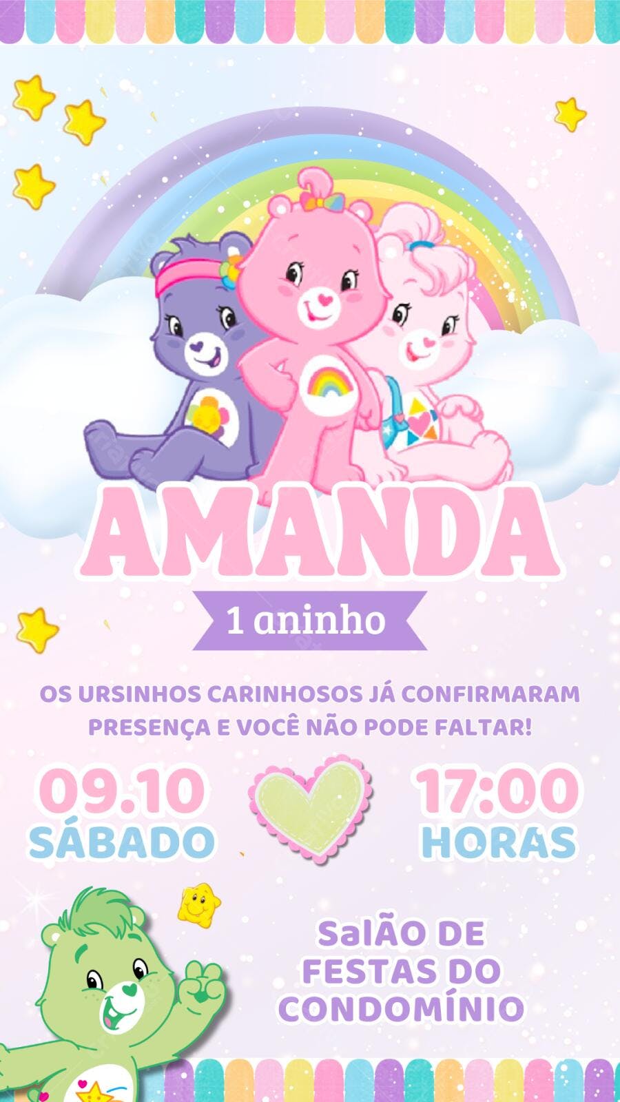 Convite Aniversário Ursinhos Carinhosos 1 Aninho Editável