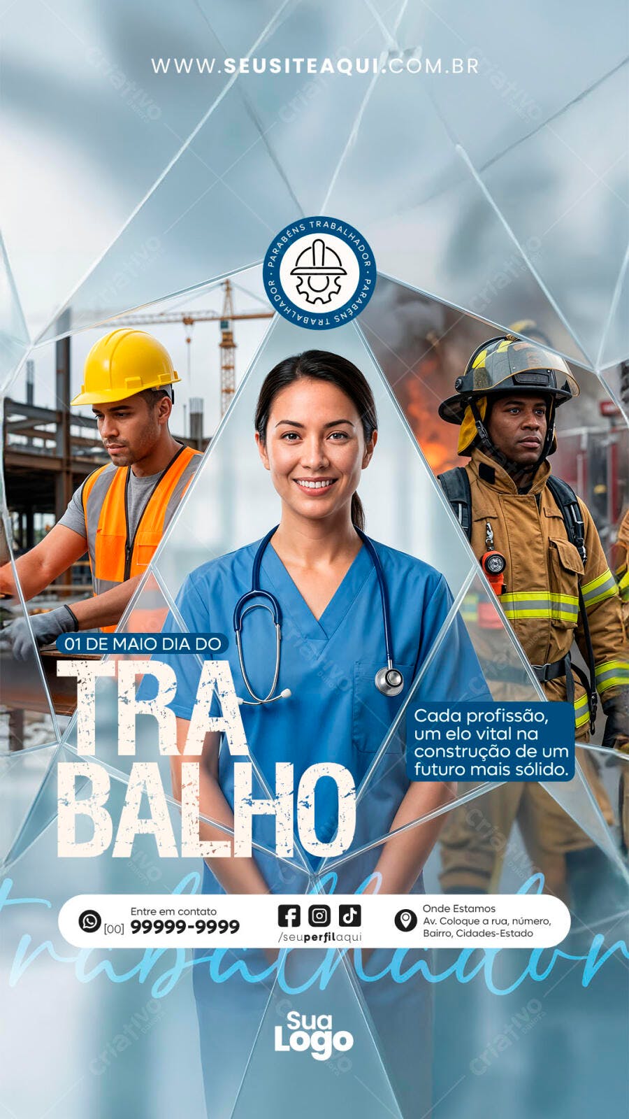 Banner Dia do Trabalhador 01 de Maio Construção Civil Saúde Bombeiro PSD Editável