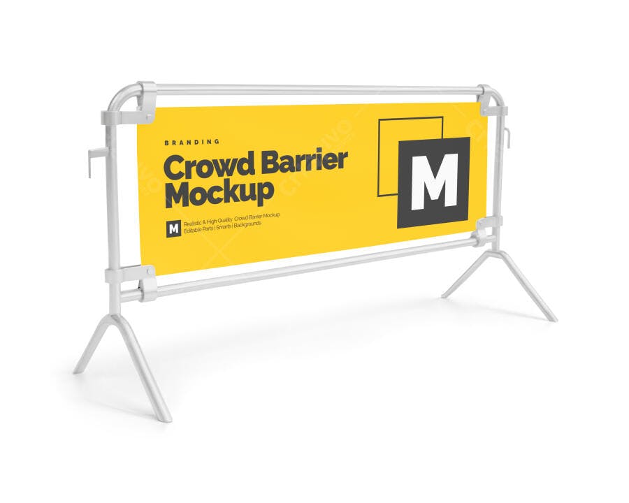 Mockup Barreira de Evento Banner Amarelo Fundo Branco Editável