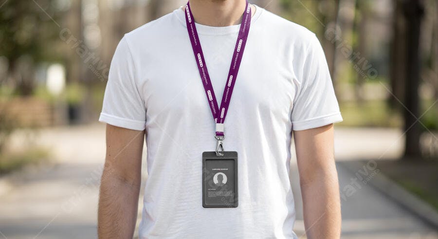 Mockup Crachá Cordão Roxo Camiseta Branca Editável