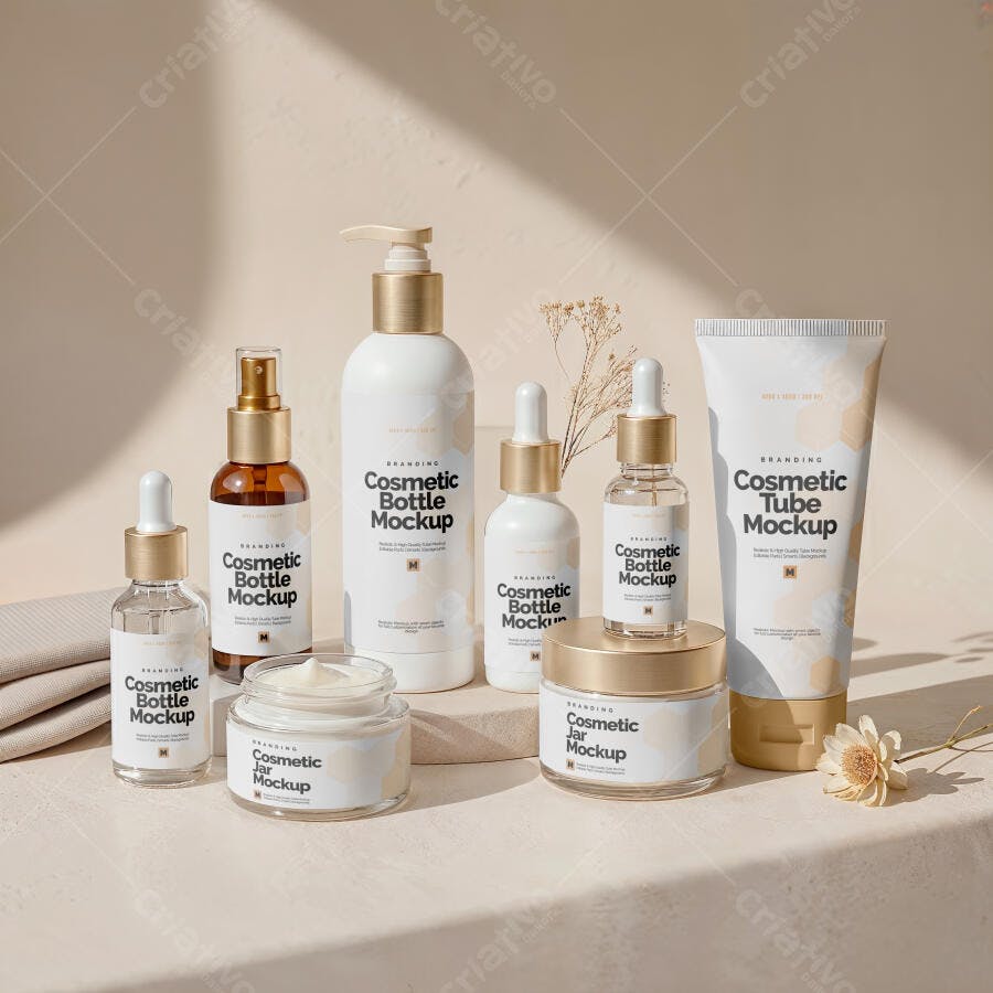 Mockup Frascos Cosméticos Skincare Fundo Bege Minimalista Editável