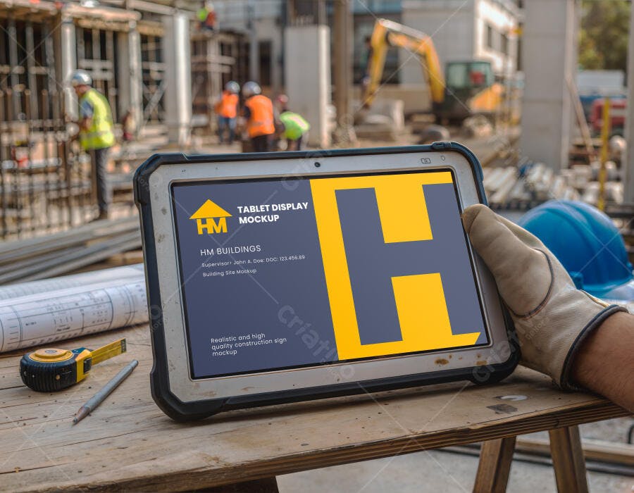 Mockup Tablet Robusto Mãos Segurando Canteiro Obras Editável