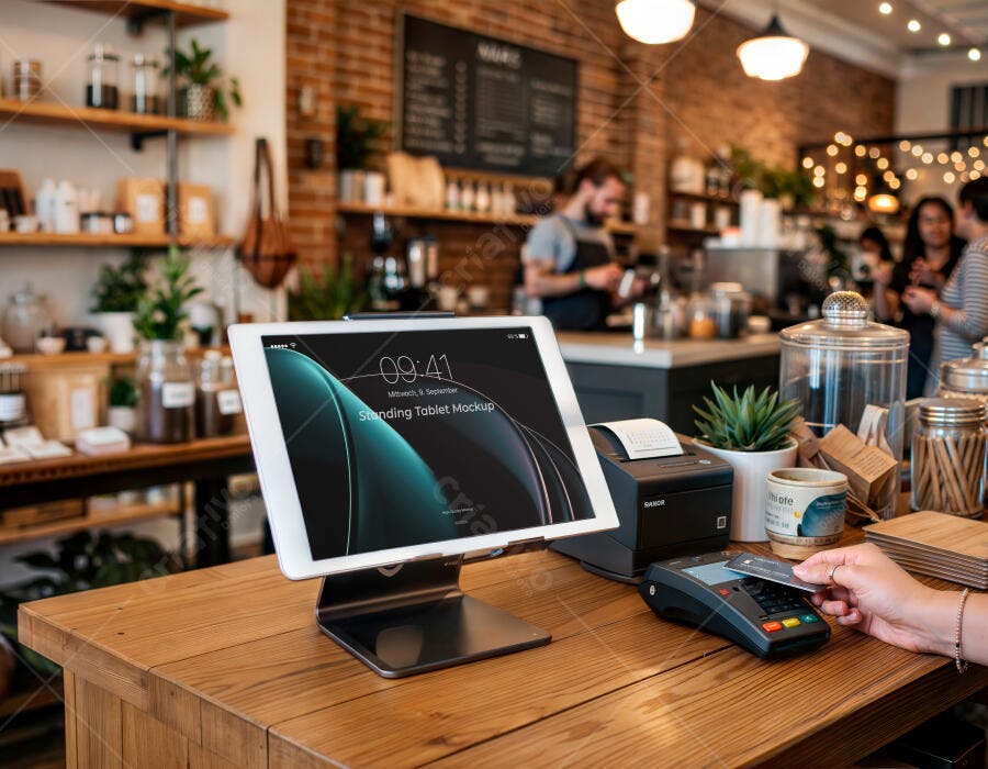 Mockup Tablet Branco Loja Café Balcão Madeira Editável