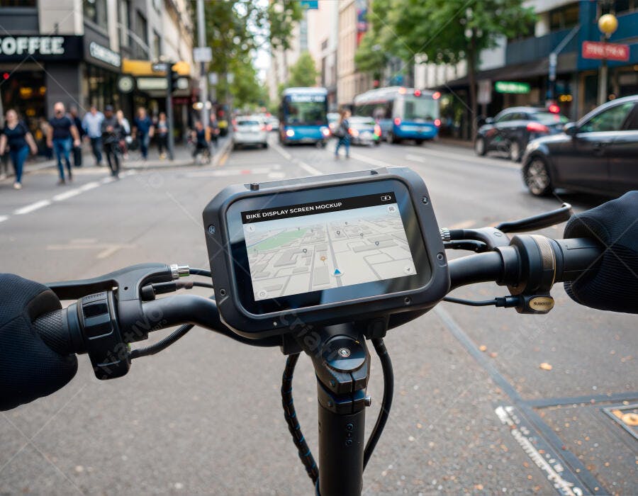 Mockup Tela GPS Bicicleta Mãos Segurando Rua Cidade Editável