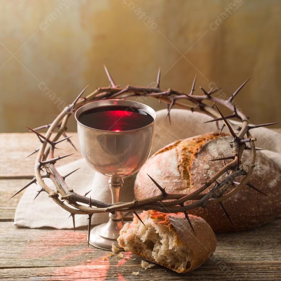 Foto Ceia Pão e Vinho Coroa de Espinhos Páscoa Fundo Rústico