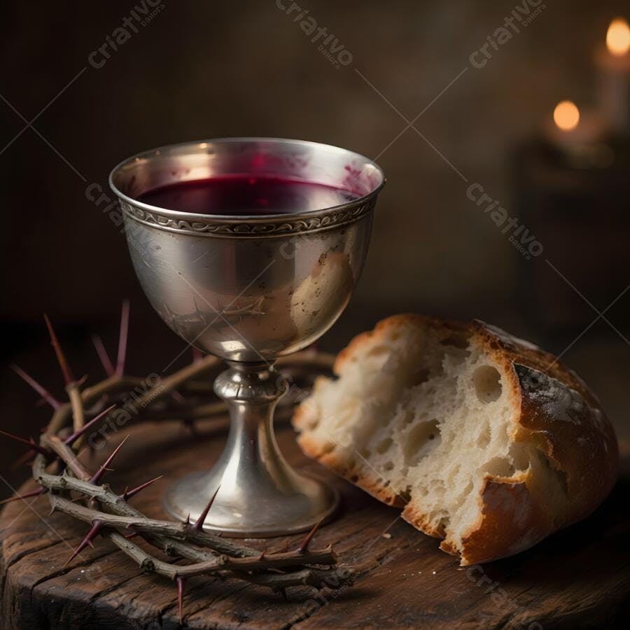 Foto Cálice Vinho Pão Coroa de Espinhos Santa Ceia Fundo Escuro